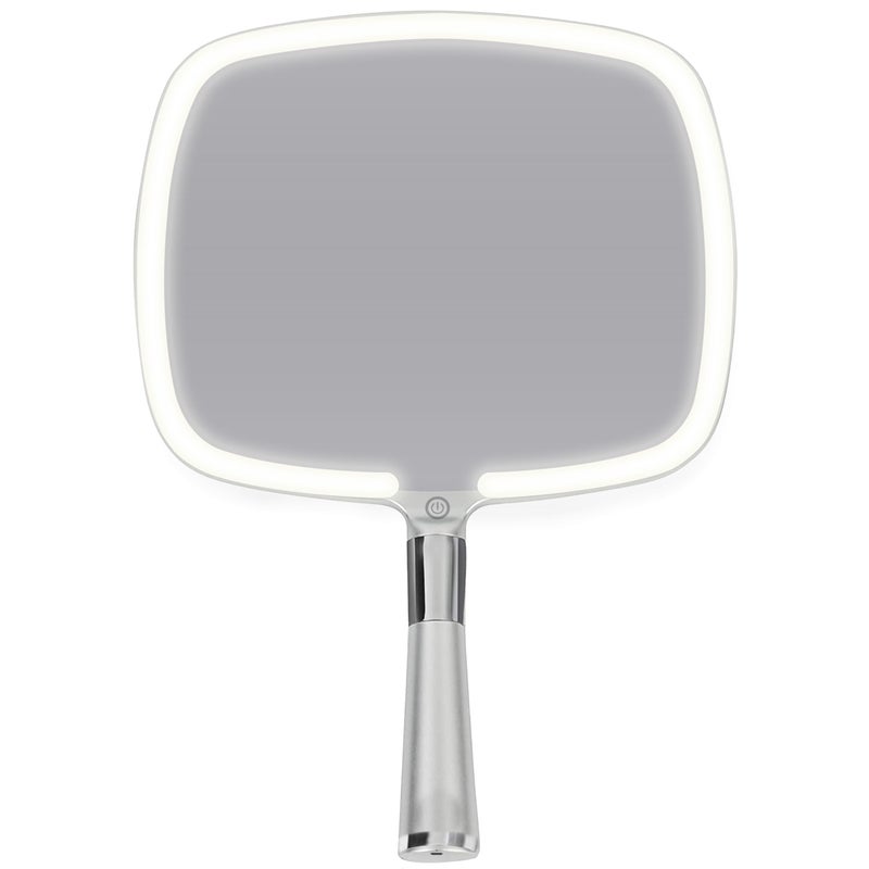 MIRRORVANA Lighted Travel Makeup Mirror  2 in 1 Hand Mirror  Table Mirror with 3 Lighting Modes Detachable Stand and Comfy Handle  9 x 13 Shiny Silver